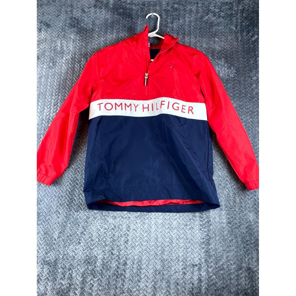 Tommy Hilfiger Jacket Boys M 12-14 Red Navy Colorblock 1/4 Zip Windbreaker Hoody